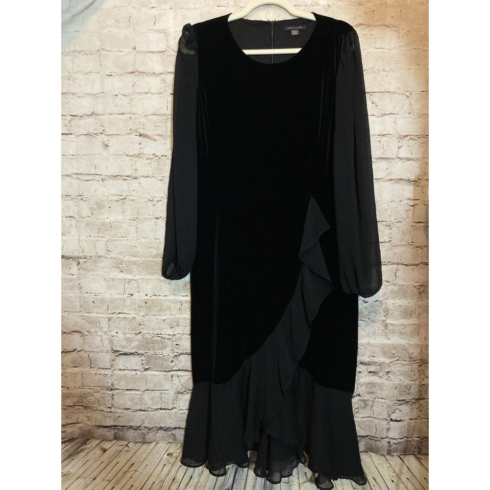 Tommy Hilfiger Dress‎ 14 Black Velvet Chiffon Ruffle Hem Formal Evening MIDI